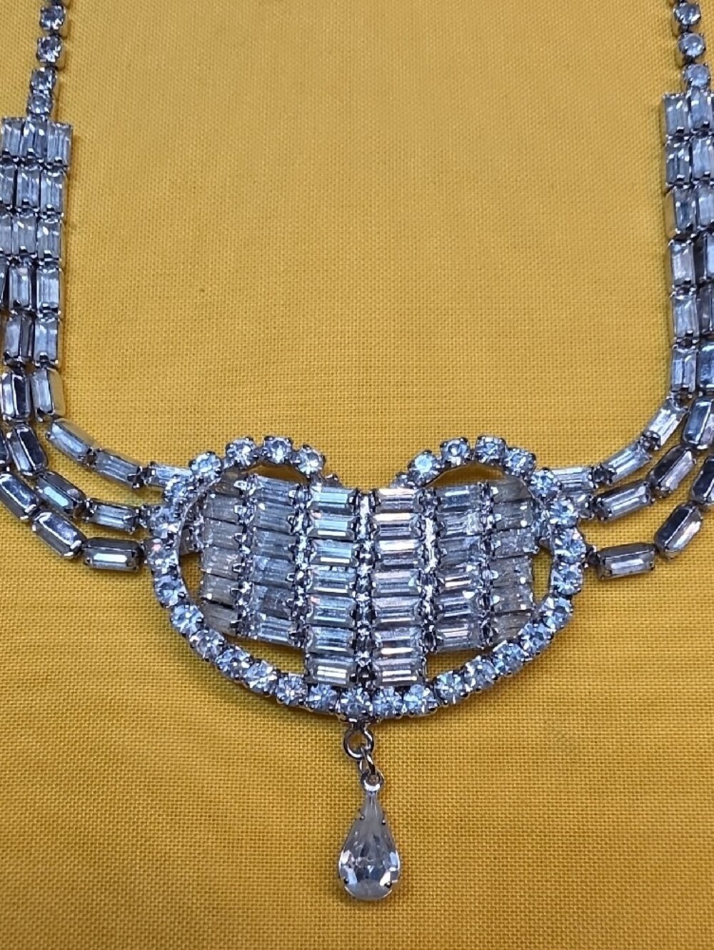 Vintage 1950s Clear Rhinestone Baguette Bib Statement Necklace AS IS
